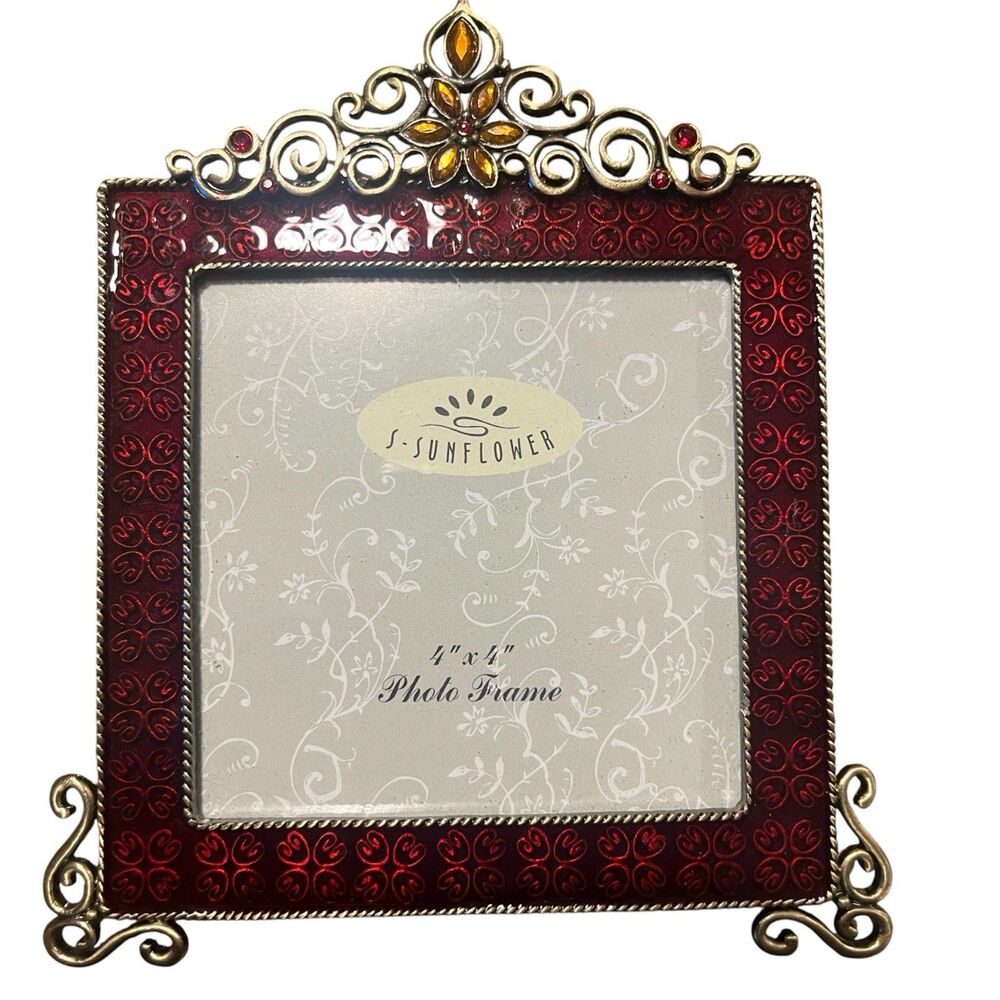 Ornate Red & Gold 4x4 Photo Frame Decorative Scroll Metal Stand Jeweled Accent